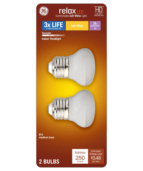 GE Relax 2-Pack 25 W Equivalent Dimmable Warm White R14 LED Light Fixture Light Bulb