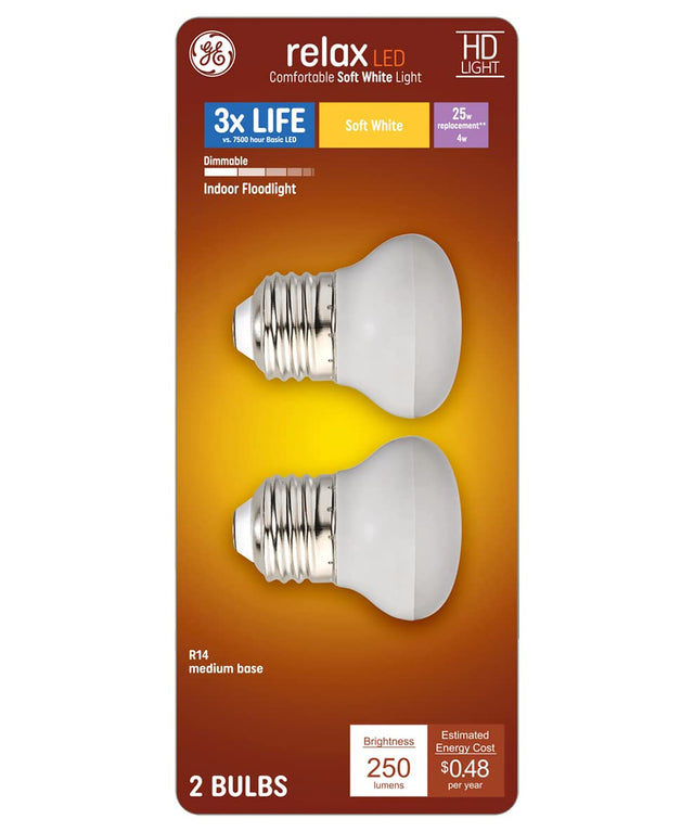 GE Relax 2-Pack 25 W Equivalent Dimmable Warm White R14 LED Light Fixture Light Bulb