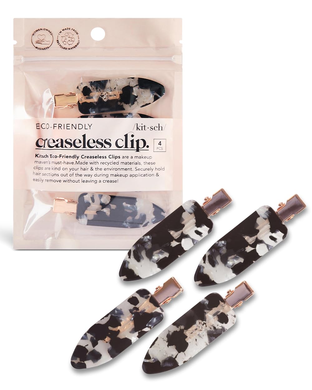 Kitsch Creaseless Hair Clips for Women - No Crease, No Bend Hair Clips for Styling, Bangs, Makeup Application, Face Wash | Recycled Acrylic - Black Terrazzo | Ideal Gifts for Women, 4pcs