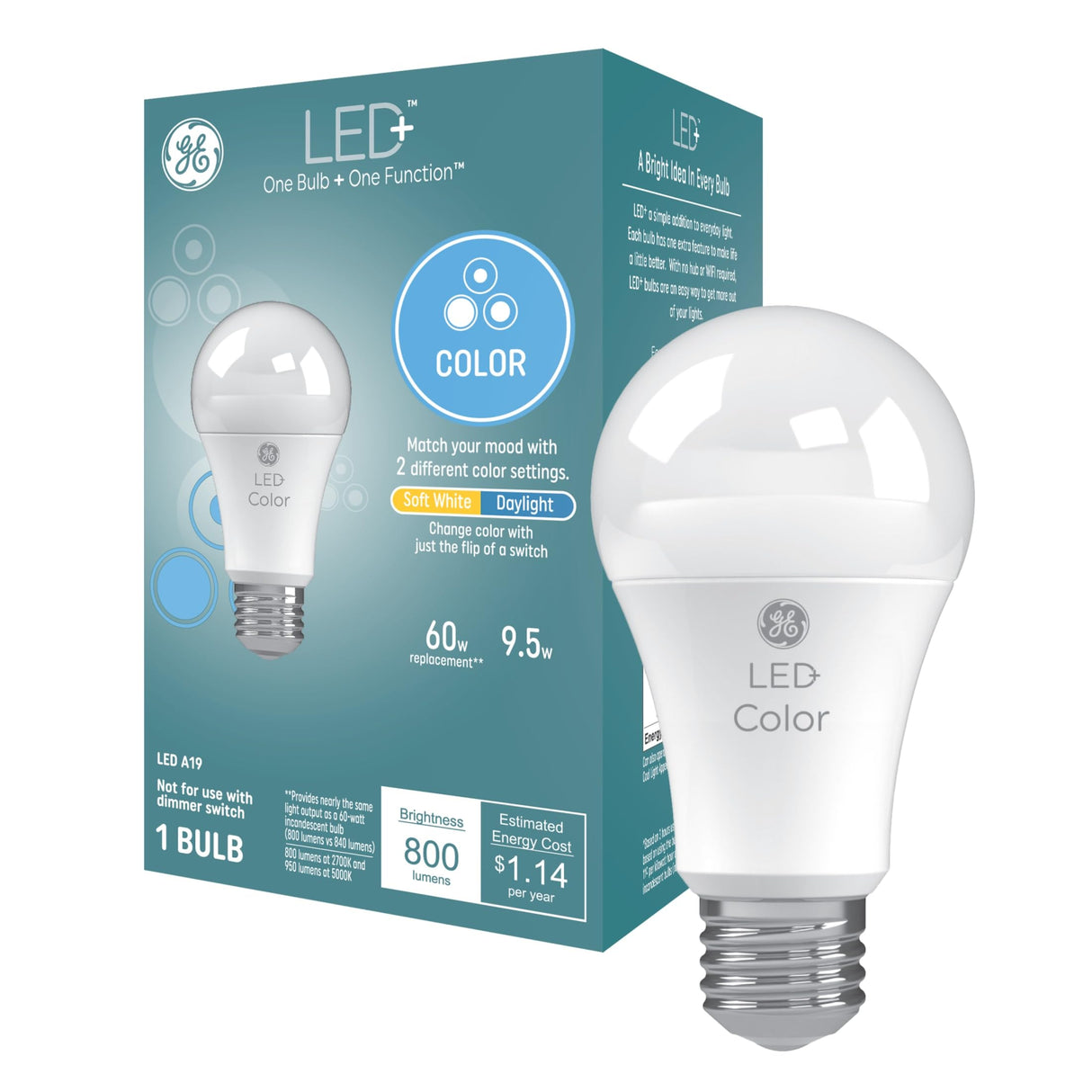 GE LED+ Soft White/Daylight LED Light Bulbs with Remote, 9.5W, No App or Wi-Fi Required, A19
