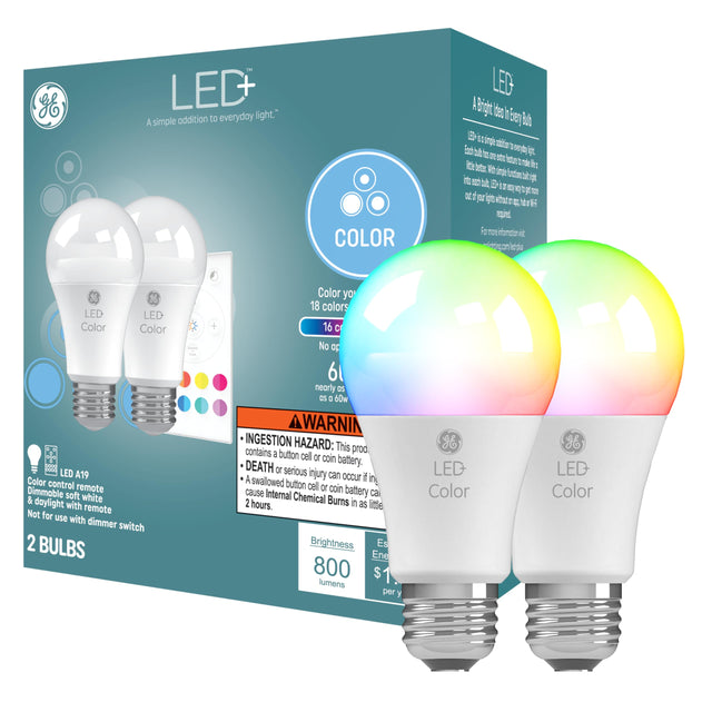 GE LED+ Color Changing LED Light Bulbs with Remote, No App or Wi-Fi Required, A19 Bulbs, CA Compliant (2 Pack)