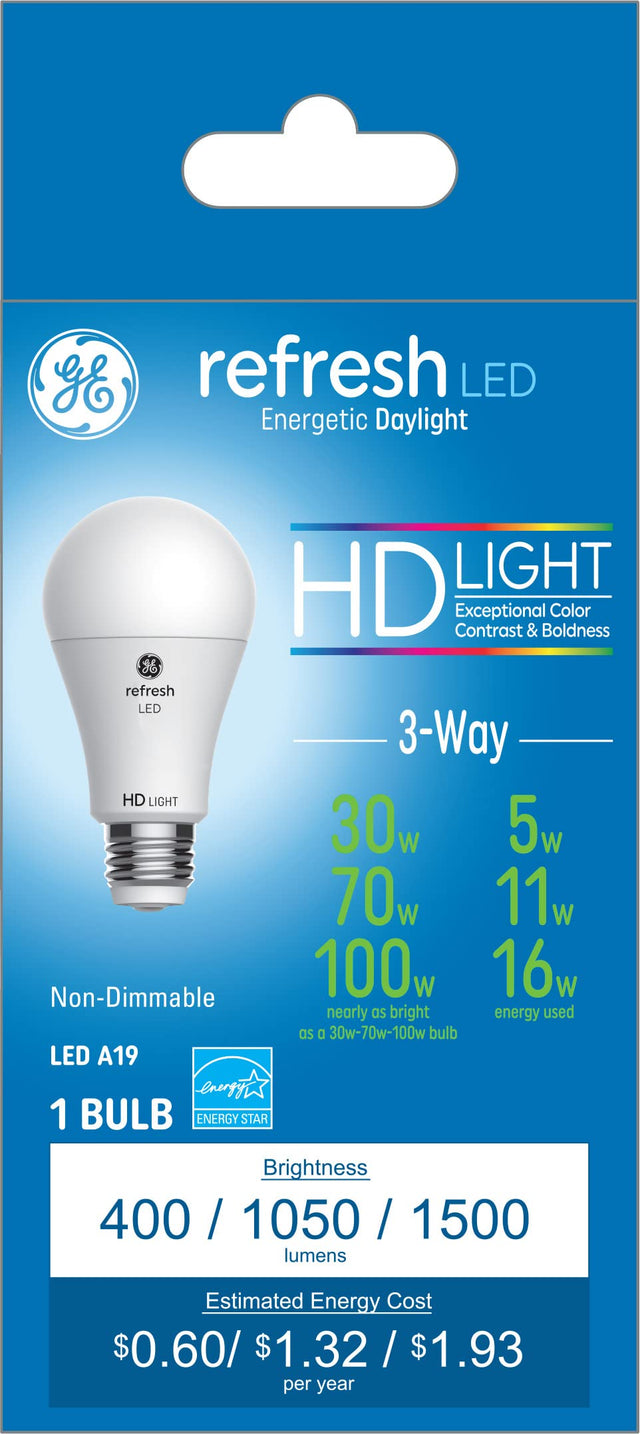 GE Lighting Refresh LED HD 3-Way Light Bulb, 5, 9, 16 Watt (30, 70, 100 Watt Equivalent) Daylight, Medium Base