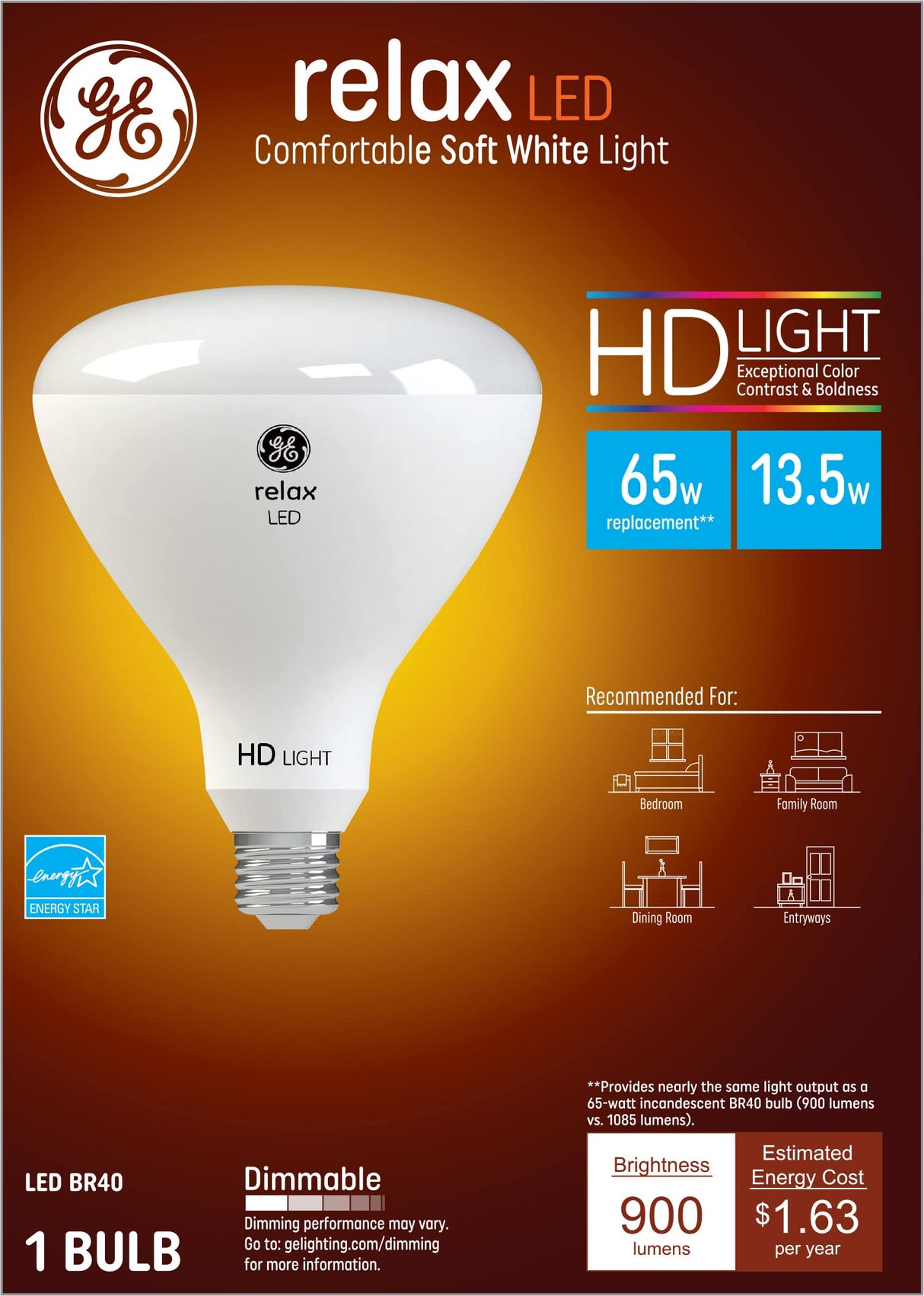 GE Relax HD Soft White 65W BR40
