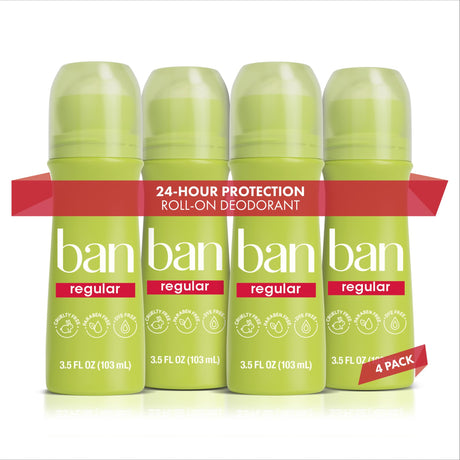 Ban Invisible Roll-on Antiperspirant Deodorant, 3.5 Oz, Pack of 4