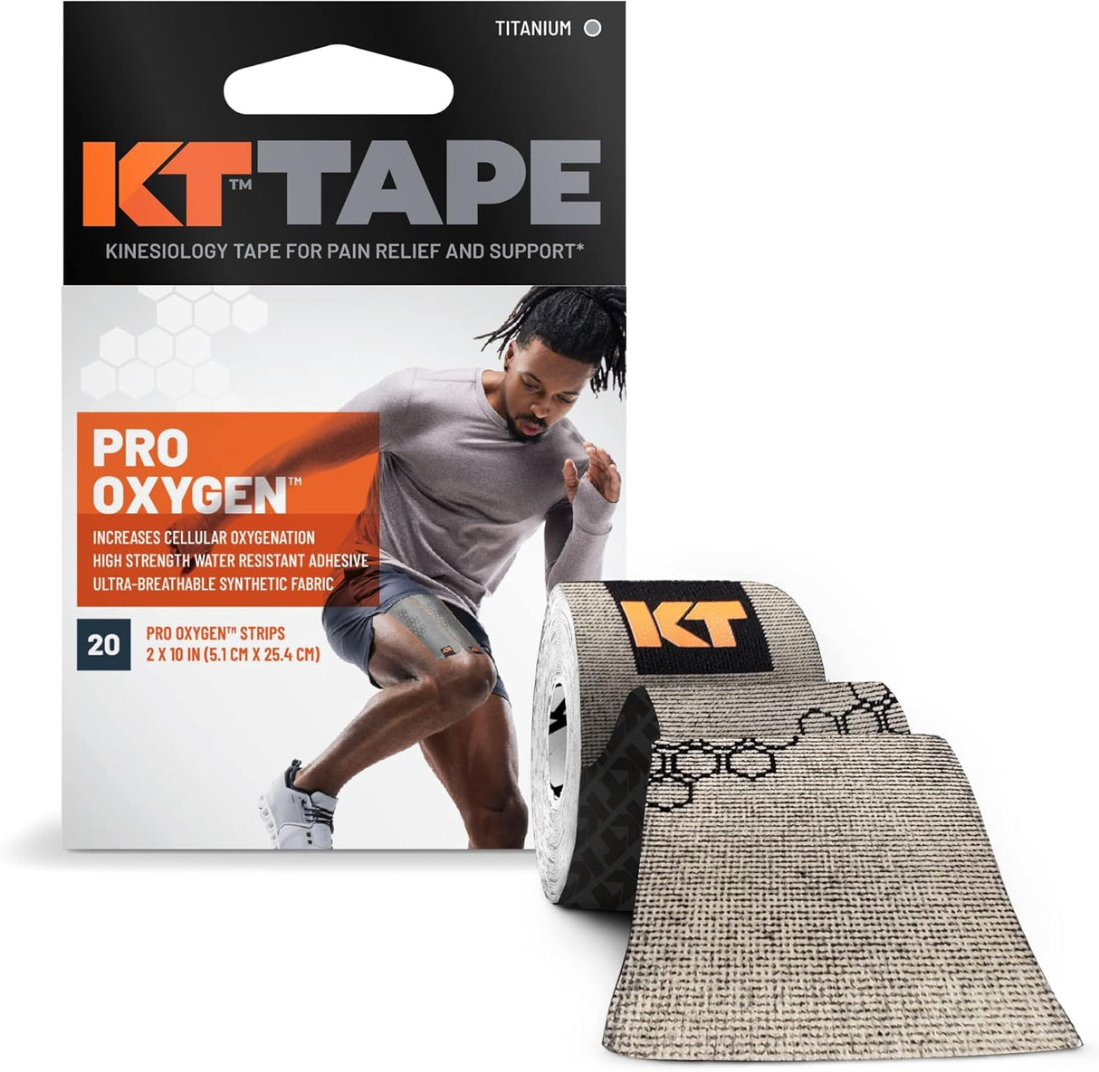 KT Tape Pro Oxygen, Synthetic Kinesiology Athletic Tape with Celliant Technology, 20 Count, 10” Precut Strips, Titanium