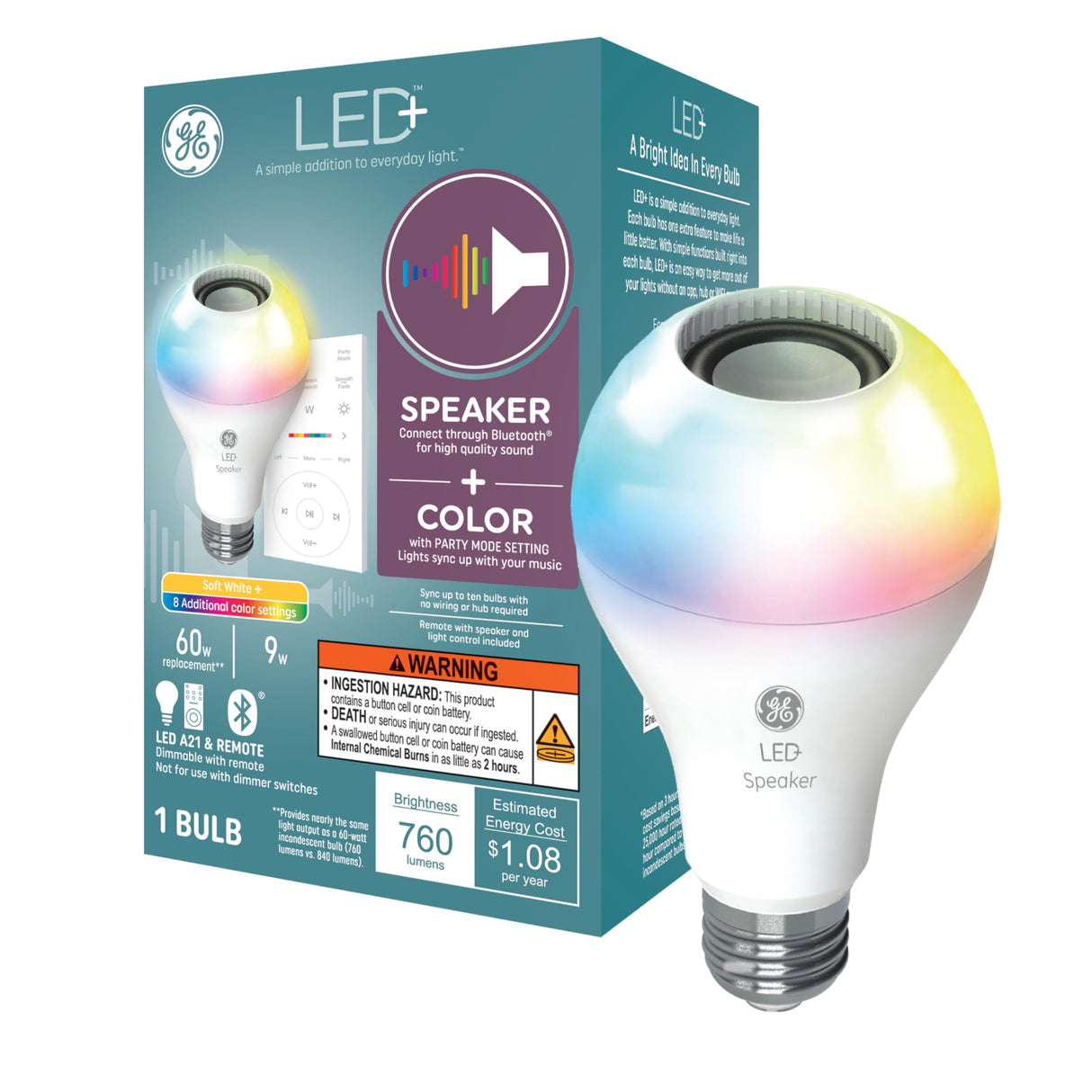 GE LED+ A21 LED Light Bulb, Indoor Color Changing Wireless Blutooth Speaker Light with Remote, 9W, Multicolor and Soft White