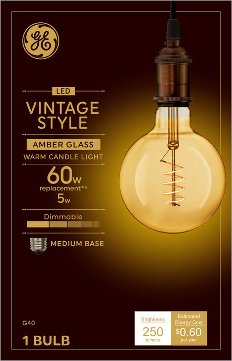 GE Vintage Style LED Globe Light Bulb, 5 Watts (60 Watt Equivalent) Warm Candle Light, Amber Glass, Medium Base, Dimmable