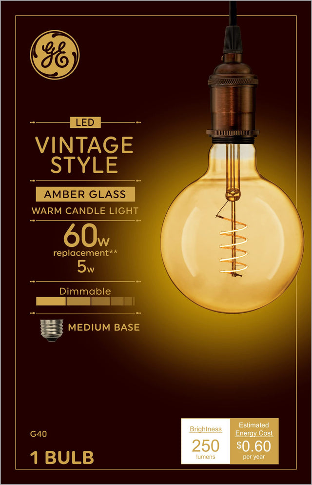 GE Vintage Style LED Globe Light Bulb, 5 Watts (60 Watt Equivalent) Warm Candle Light, Amber Glass, Medium Base, Dimmable