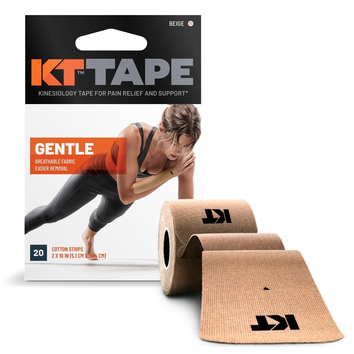 KT Tape, Kinesiology Athletic Tape, Gentle Adhesive for Sensitive Skin, 20 Count, 10" Precut Strips, Beige