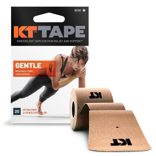 KT Tape, Kinesiology Athletic Tape, Gentle Adhesive for Sensitive Skin, 20 Count, 10" Precut Strips, Beige