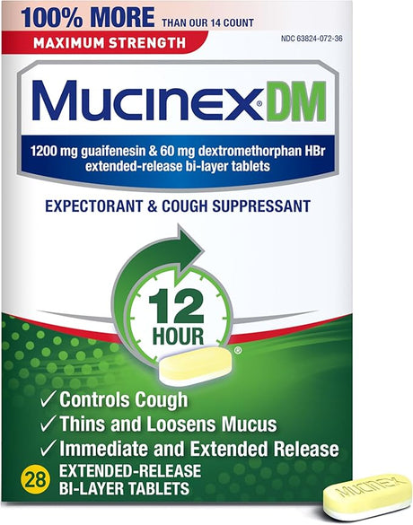 Mucinex DM 12Hr Maximum Strength Chest Congestion & Cough Medicine, 28 Bi-Layer Tablets