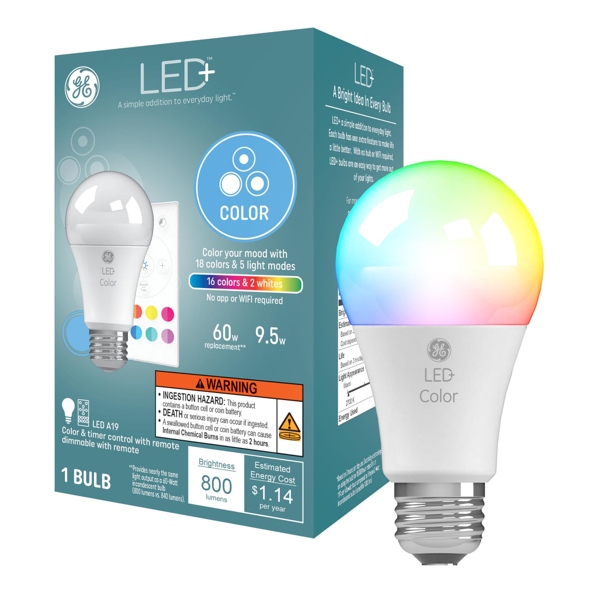 GE LED+ Color Changing LED Light Bulbs with Remote, 9.5W