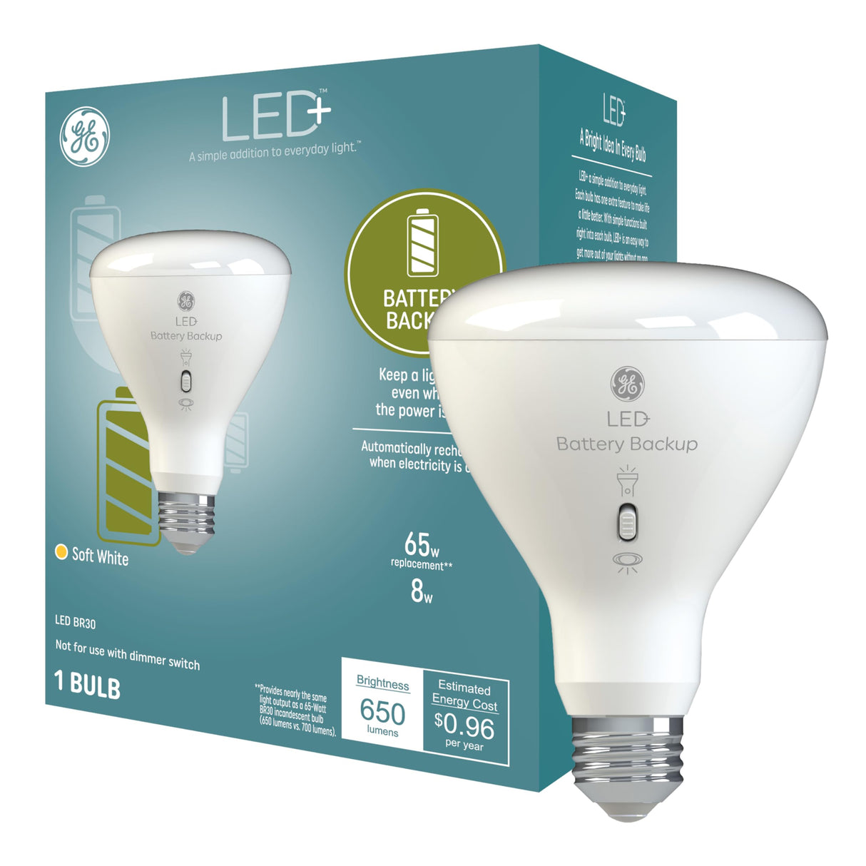GE Lighting LED+ Backup Battery Indoor Flood Light Bulb, Rechargeable, Soft White, Medium Base