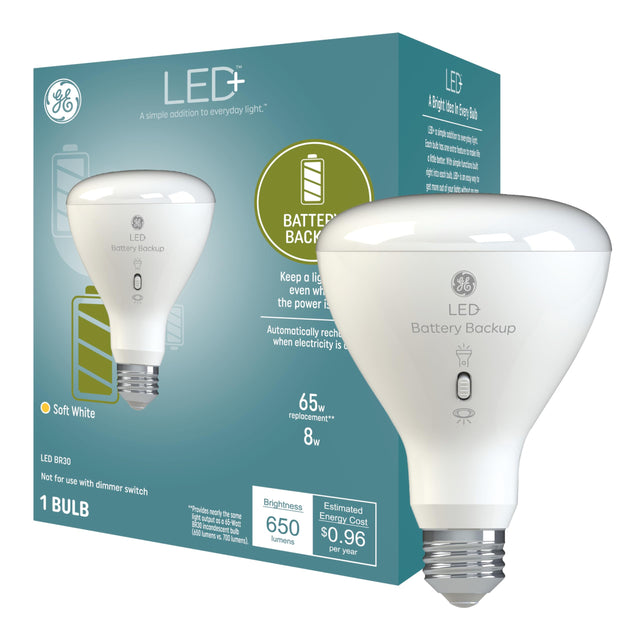 GE Lighting LED+ Backup Battery Indoor Flood Light Bulb, Rechargeable, Soft White, Medium Base