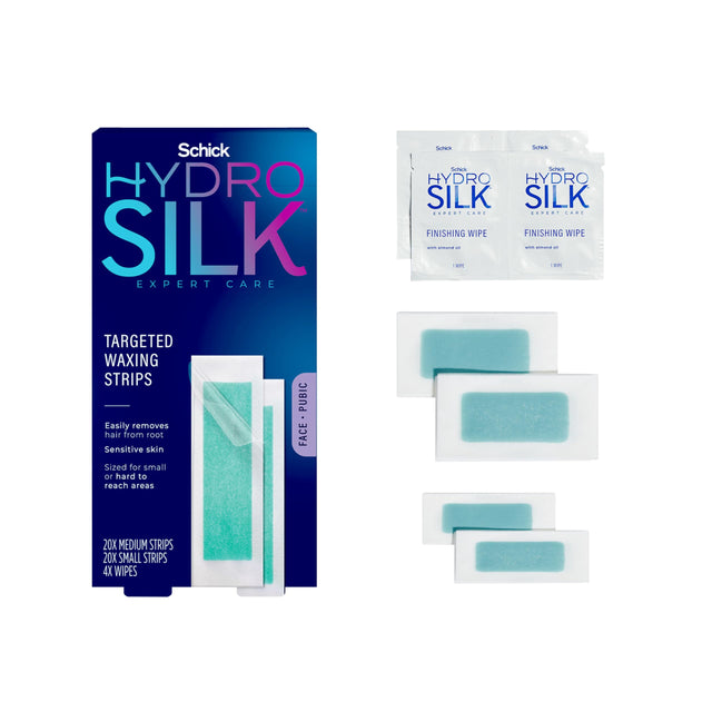 Schick Hydro Silk Targeted Waxing Strips | Soft Wax Strips for Body + Pubic Hair Removal, Eyebrow & Lip Waxing Strip, Bikini Wax Kit for Women