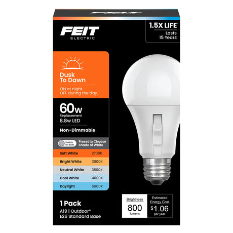 Feit Electric LED Dusk-to-Dawn Light Bulb, A19 60W Equivalent
