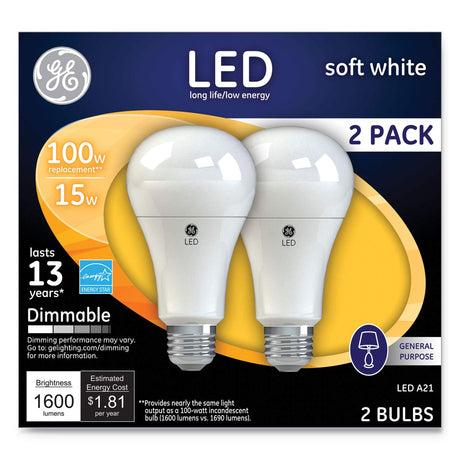 GE 65941 LED A19 Light Bulb with Medium Base, 15-Watt, Soft White, 2-Pack, 2 Count (Pack of 1)