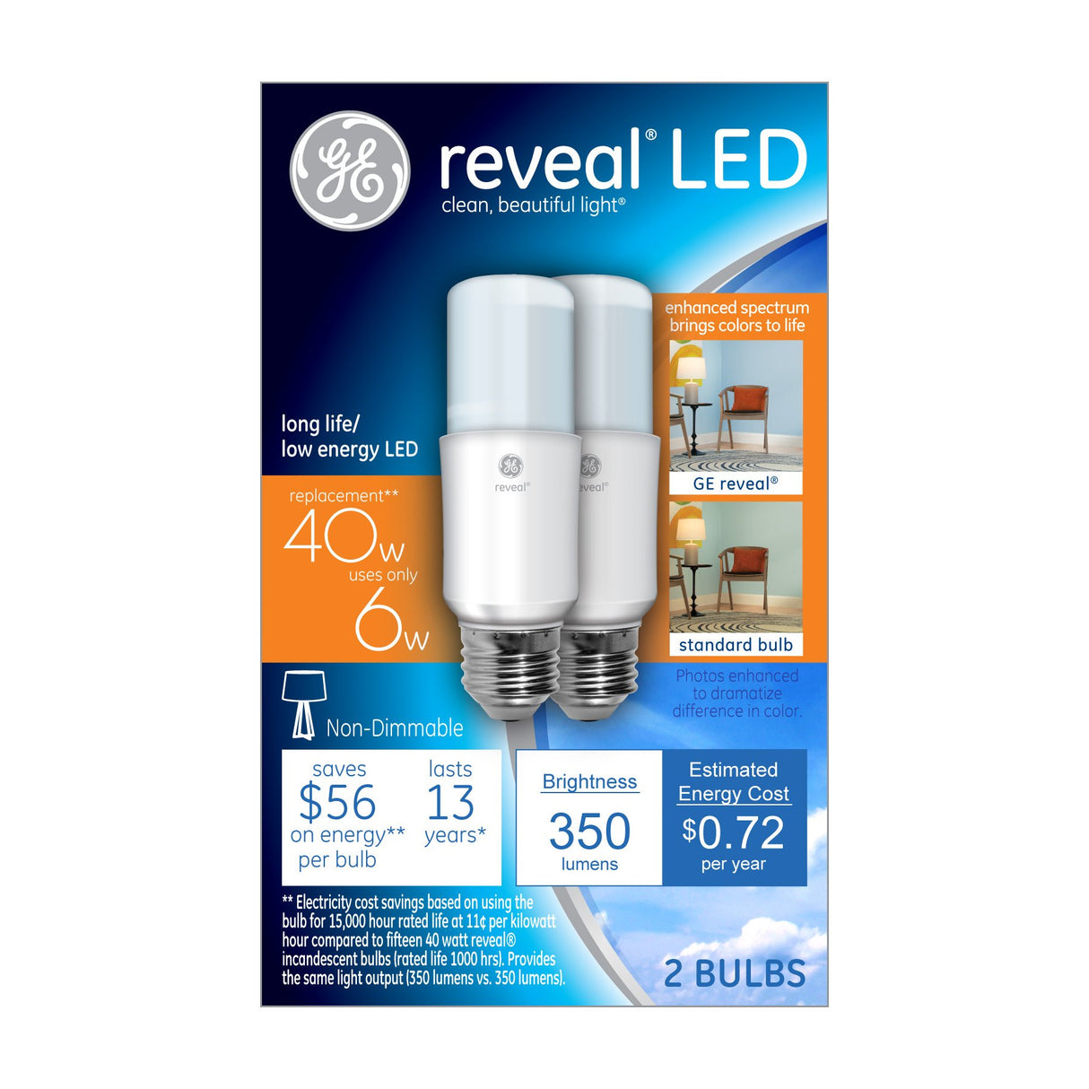 GE Lighting 36455 6 Watts Reveal LED Bright Stik Light Bulb with Medium Base, 2 pack