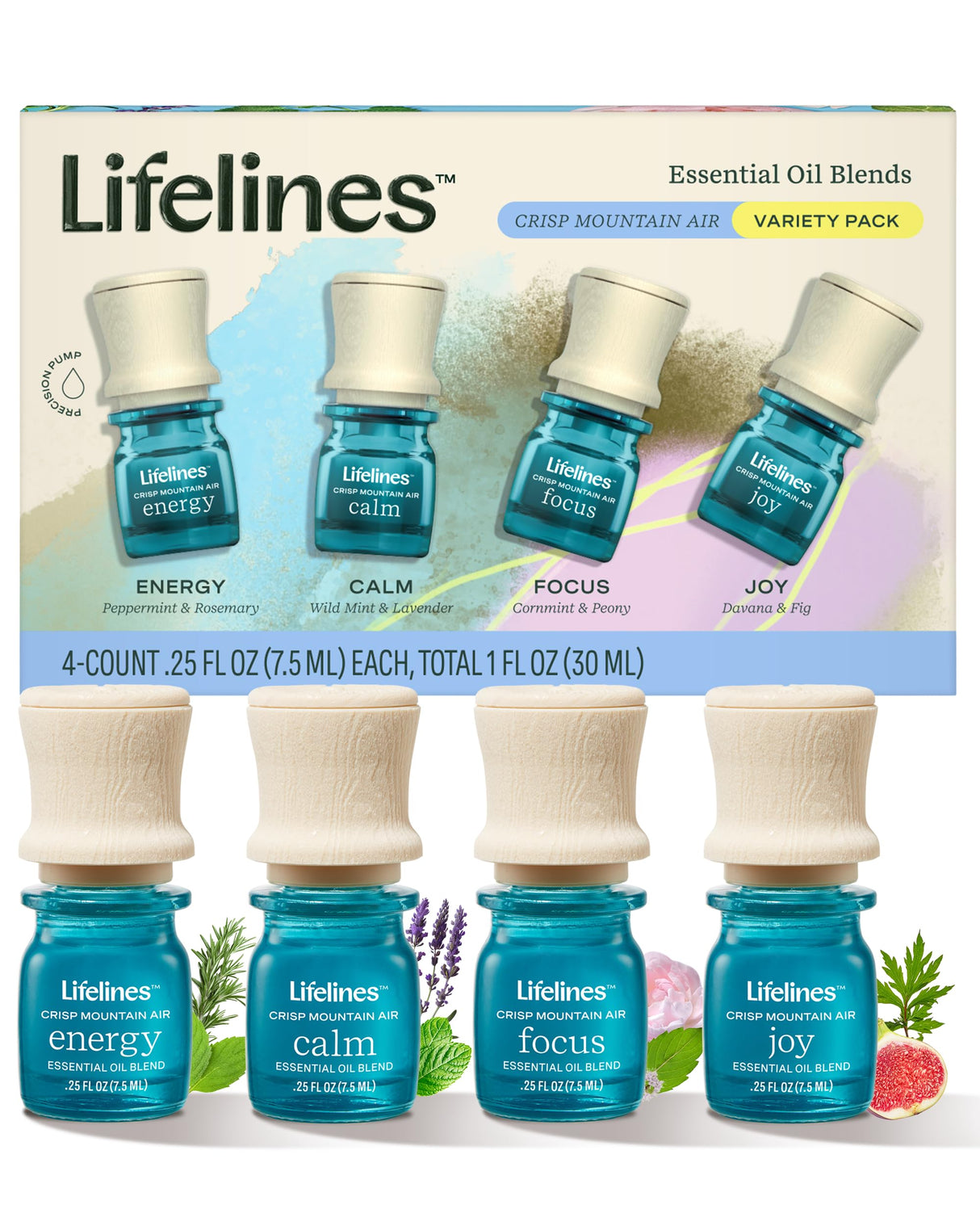 Lifelines Essential Oil Blends, 4-Pack - Crisp Mountain Air (Joy, Calm, Focus & Energy)