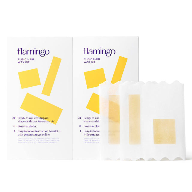 Flamingo Women Pubic Waxing Kit with 24 Wax Strips, 8 Post-Wax Cloths, Pack of 2