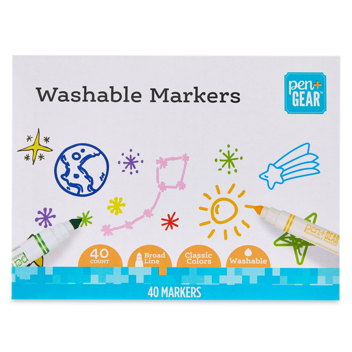 Pen+Gear Broad Line Washable Markers, Ages 3+, Assorted Colors, 10 Count