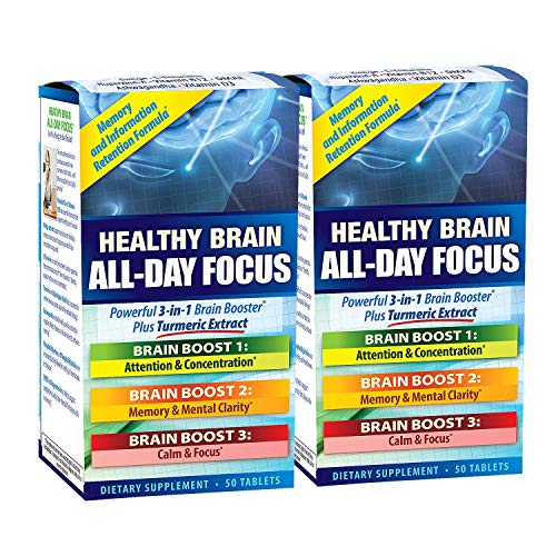 Applied Nutrition Healthy Brain All-Day Focus, 50 tablets per bottle (Pack of 2), designed to support mental clarity, focus, and cognitive performance throughout the day.