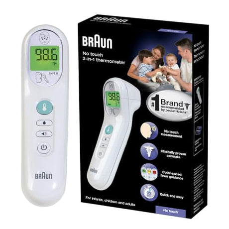 Braun No Touch 3-in-1 Thermometer for forehead, object, and room temperature readings, with digital display and silent mode.