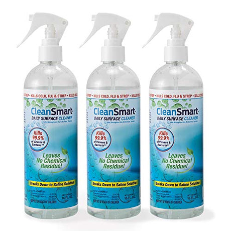 CleanSmart Daily Surface Spray Disinfectant in 16 oz bottles, pack of 3, safe for everyday use with no harsh chemicals, kills 99.9% of germs.