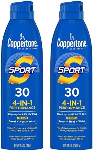 Coppertone Sport Sunscreen Spray SPF 30, 7.3 oz bottle, providing water-resistant sun protection for active outdoor activities.