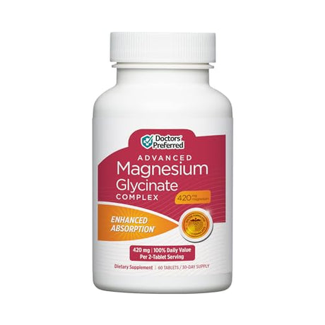 DOCTORS' PREFERRED Advanced Magnesium Glycinate Complex, 30-day supply, designed to support muscle function, energy production, and overall wellness with high-quality magnesium glycinate.