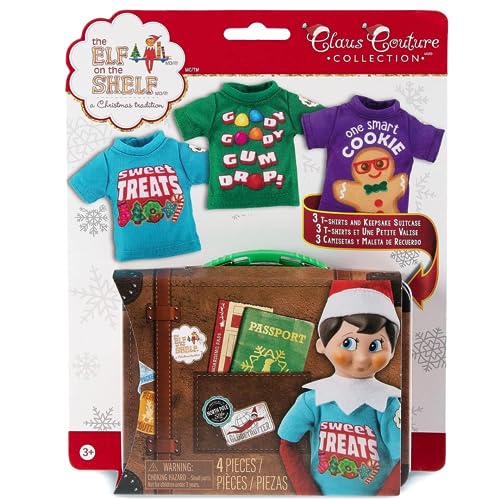 The Elf on the Shelf Claus Couture Sweet Treat Tees outfit set for Scout Elves, featuring festive holiday T-shirts with dessert-themed designs