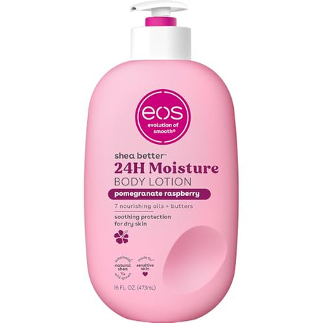 eos Shea Better Body Lotion in Pomegranate Raspberry scent, enriched with shea butter for deep hydration and a refreshing, fruity fragrance.