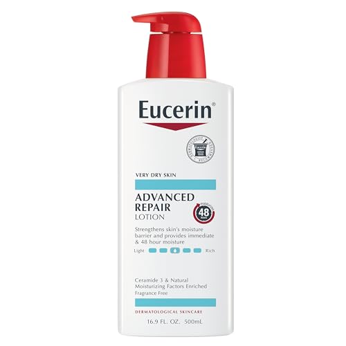 Eucerin Advanced Repair Body Lotion 16.9 oz bottle for dry skin, shown with moisture-locking formula and fragrance-free label.