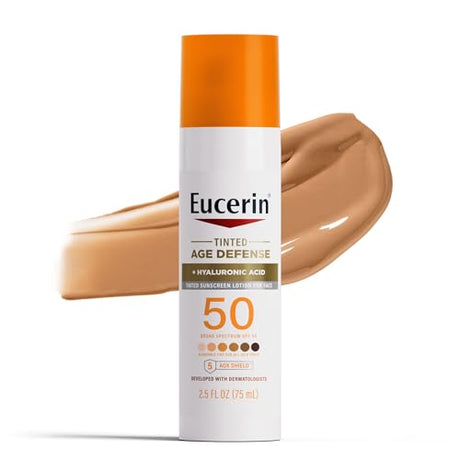 Eucerin Sun Tinted Age Defense SPF 50 face sunscreen lotion for daily UVA/UVB protection with a natural tint
