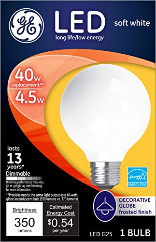 GE Lighting 25048 dimmable LED G25 decorative globe light bulb, 4.5-watt energy-efficient design equivalent to 40-watt, ideal for vanity and decorative fixtures