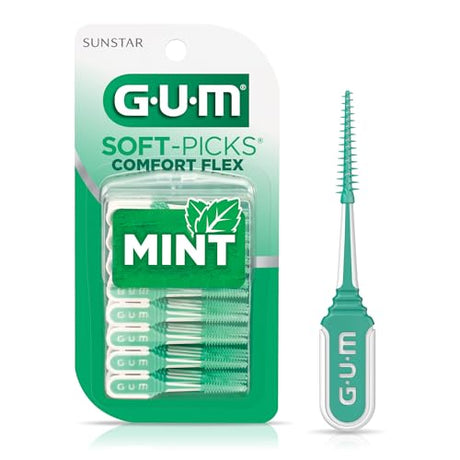 GUM Soft-Picks Comfort Flex dental picks, mint flavor, pack of 80 flexible interdental cleaners in green and white packaging.