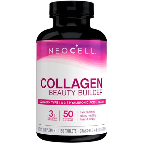NeoCell Collagen Beauty Builder, a dietary supplement formulated with collagen, hyaluronic acid, and biotin to support healthy skin, hair, and nails.