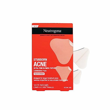 Neutrogena Stubborn Acne Pimple Patches, 10-count with 2 sizes, designed to visibly reduce pimples and protect against picking for clearer skin.