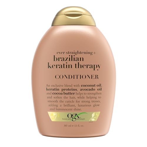 OGX Brazilian Keratin Therapy Shampoo, 13 oz bottle, for shiny, smooth hair with a nourishing keratin-infused formula.