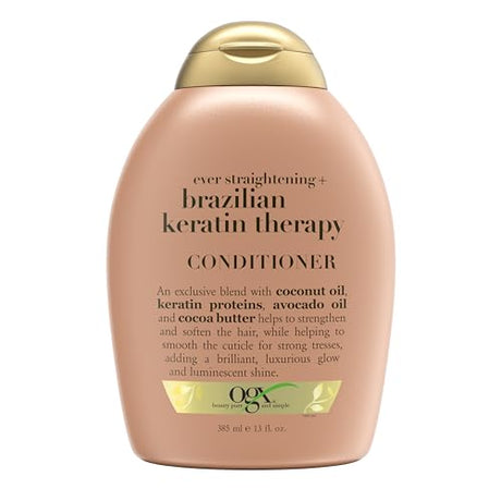 OGX Brazilian Keratin Therapy Shampoo, 13 oz bottle, for shiny, smooth hair with a nourishing keratin-infused formula.