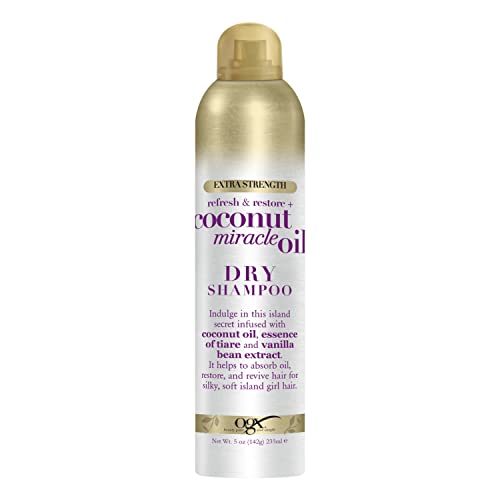 OGX Extra Strength Coconut Miracle Oil Dry Shampoo, 5 oz aerosol can, for refreshing and restoring hair with a tropical coconut scent.
