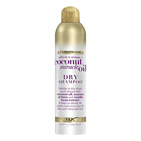 OGX Extra Strength Coconut Miracle Oil Dry Shampoo, 5 oz aerosol can, for refreshing and restoring hair with a tropical coconut scent.