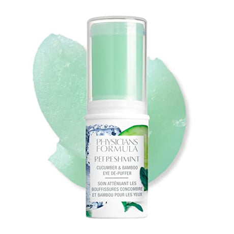 Physicians Formula RefreshMint Cucumber & Bamboo Eye De-Puffer Stick, designed to soothe and reduce puffiness around the eyes with a cooling cucumber and bamboo formula.
