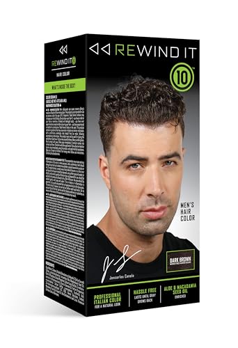 REWIND IT 10 Dark Brown Men's Hair Color, designed for a natural dark brown shade with easy application and long-lasting color for a refreshed look.