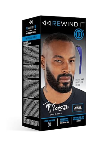 REWIND IT 10 Jet Black Beard and Mustache Color, designed to provide a natural, rich jet black shade with long-lasting coverage for facial hair.