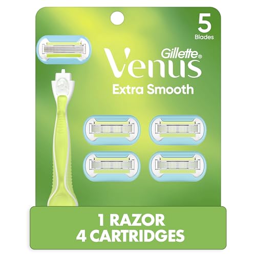 Venus Extra Smooth women's razor with ergonomic handle and 4 replacement blade refills, designed for a close and comfortable shave.